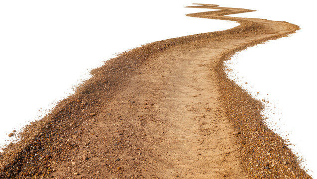 Winding dirt path with gravel edges, isolated on transparent background