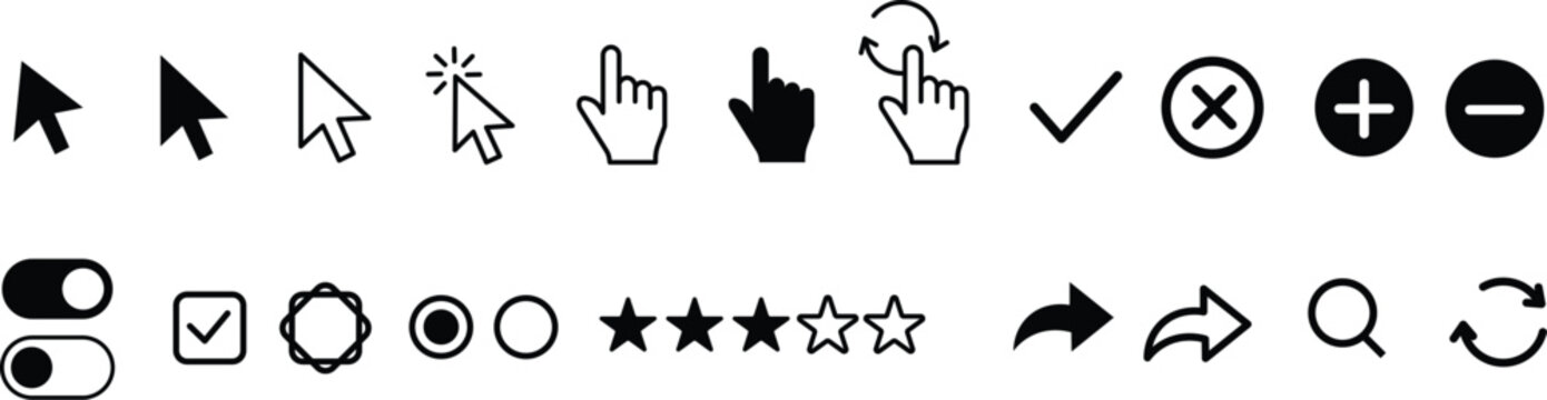 Mouse cursor and hand gesture icons set, UI UX interface elements collection, featuring mouse arrow cursors, hand click pointers, star ratings. touch screen hand gestures for mobile apps.
