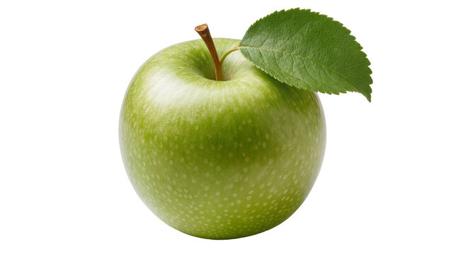 Single green apple with stem and leaf, isolated on transparent background
