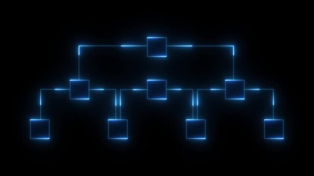 Dual Neon Red and Blue Digital Organizational Chart with neon rectangle Icons organization chart hierarch 4k motion video isolated on black background.