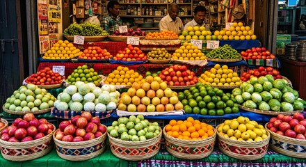 Obraz premium Colorful Fresh Fruit and Vegetable Market Display With Handwoven Baskets and Crates