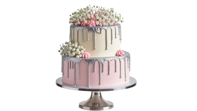 Two-tiered pink and white cake with silver drip floral decor, isolated on transparent background