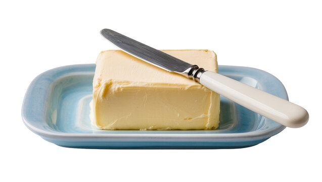 Yellow butter block on blue dish with knife, isolated on transparent background