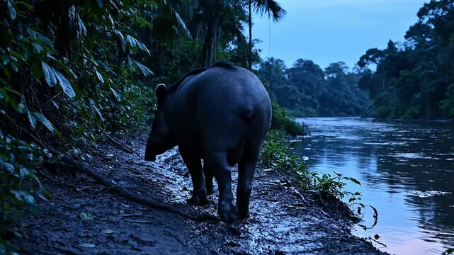 Tapir Moving Along A Serene Riverbank Trail At Dusk Surrounded By Lush Greenery And Water Reflections