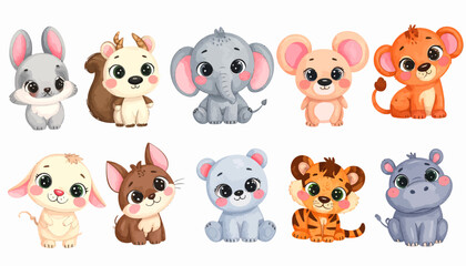 Fototapeta premium Adorable Baby Animals Collection Cute Cartoon Characters Set.