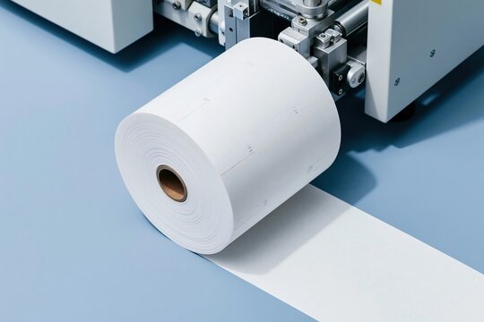 Large roll of white blank adhesive label paper being fed through industrial printing machinery for packaging design, label manufacturing and logistics supply chain