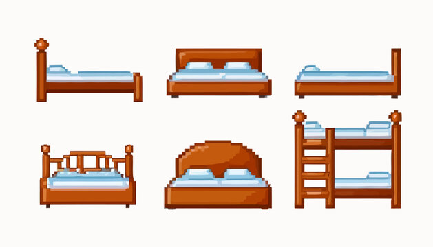 Pixel art beds with blue mattresses and pillows