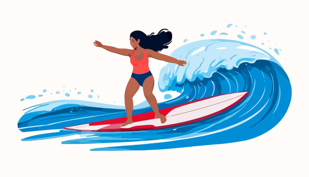 Woman surfing on a wave on a red and white surfboard
