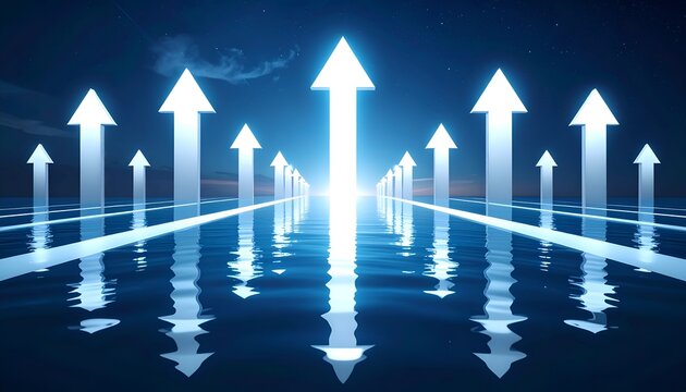 Upward momentum illustration with glowing arrows emerging from reflective waters, representing progress, achievement, transformation, and visionary leadership.