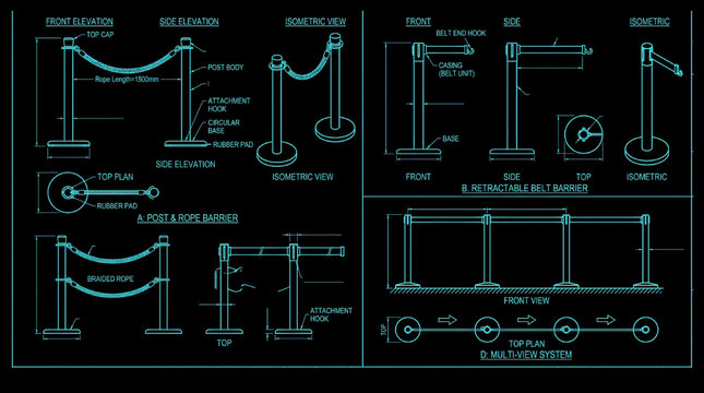 Queue Barrier Retractable Belt CAD Block Collection Crowd Control System AutoCAD Blueprint Technical Drawing Vector Set