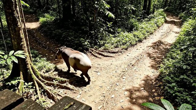 Tapir Standing At A Fork In A Lush Forest Trail Deciding Between Two Paths Surrounded By Vibrant Green Foliage In A Wild Natural Setting