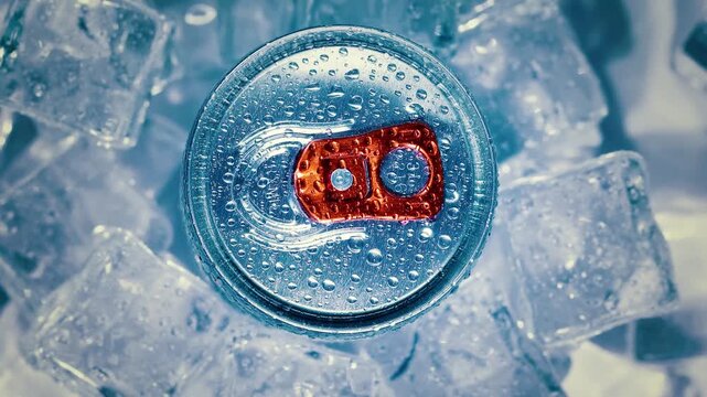 Close up cinematic footage of chilled soda can with condensation on ice cubes.