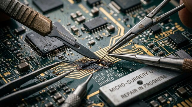 Close-up of micro-surgery tools repairing a burnt electronic circuit board in progress