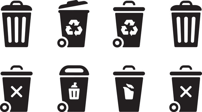 Set of eight garbage and recycling bin icons for waste management with recycling disposal management environment cleaning container collection silhouette dumpster pollution sustainability