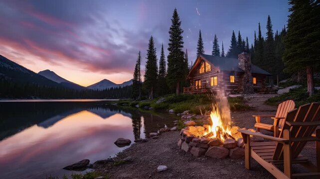 Cozy log cabin by a tranquil lake at dusk with a crackling campfire