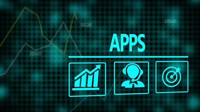 Apps business concept on a flashing computer monitor with moving graphs and data.