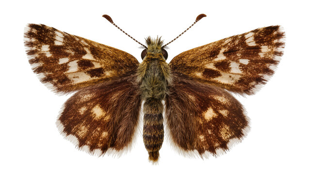 Brown skipper butterfly with white markings, isolated on transparent background
