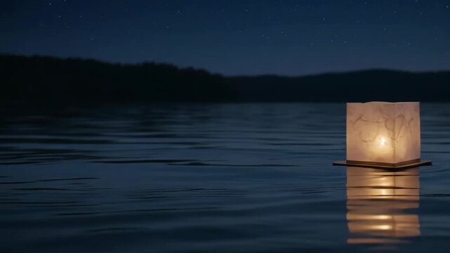 Floating square paper lantern with glowing candle drifting on calm lake water at night