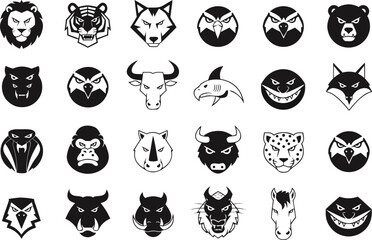 Fototapeta premium Set of wild animal head icons for logos and branding isolated on transparent background, Vector