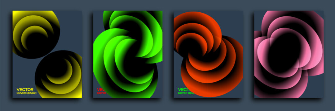 Abstract swirling vortex shapes in vibrant yellow green red and pink hues modern vector cover design collection