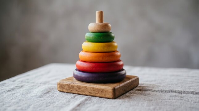 Wooden Rainbow Stacking Rings Toy on Neutral Background
