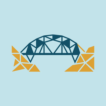 A geometric illustration of a metal bridge over rocky terrain