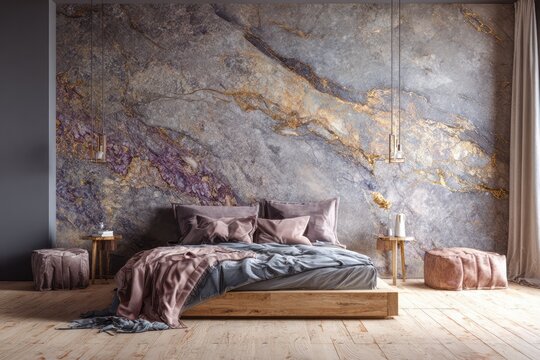 Elegant bedroom with a textured stone wall and plush bedding.