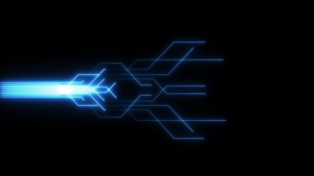 Glowing straight neon laser line animation moving horizontally from right to left on a black screen with futuristic light streak effects.