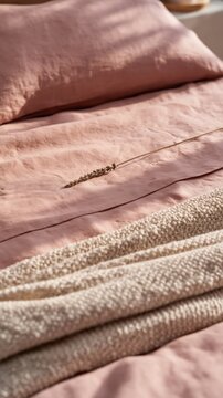 Detail shot of smooth dusty rose linen bed sheet with textured beige throw blanket and dried lavender sprig, cozy minimal bedroom texture, vertical