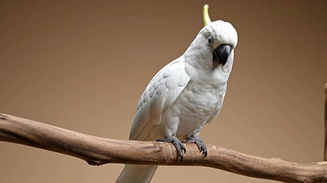 Vibrant Cockatoo Perched Gracefully On Natural Branch With Yellow Crest Against Neutral Studio Background