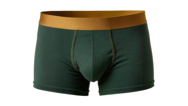 Dark green boxer briefs with golden waistband, isolated on transparent background