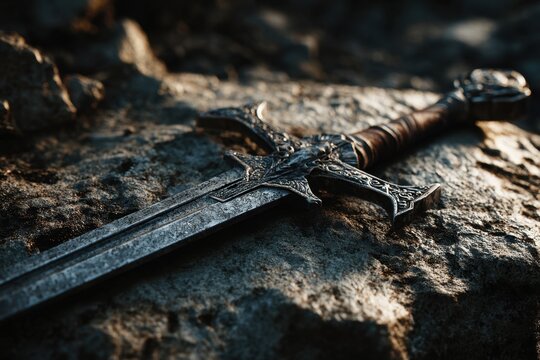 Ornate medieval sword with metalwork on rough stone surface