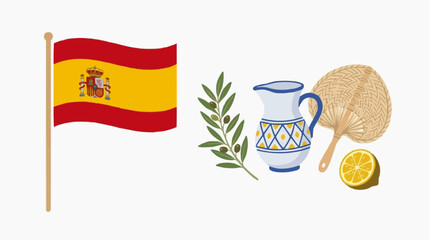 Obraz premium Flag with Olive Branch, Citrus and Pottery Elements in a Festive Travel Concept for Spain Tourism, Culture, Marketing and Brand Identity