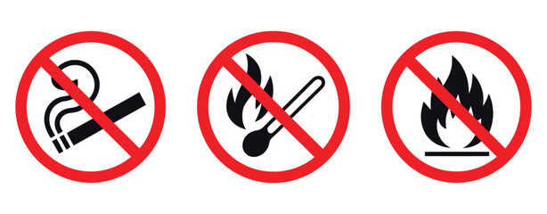 No open fire sign, no smoking and no matches prohibition symbols, round safety labels for hazardous areas and fire prevention. © LEECOO STUDIO