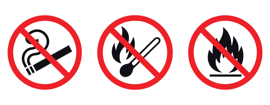 No open fire sign, no smoking and no matches prohibition symbols, round safety labels for hazardous areas and fire prevention.