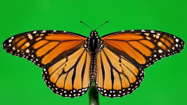 Vibrant Monarch Butterfly Flapping Its Wings Against A Solid Green Screen Background For Visual Effects Overlays