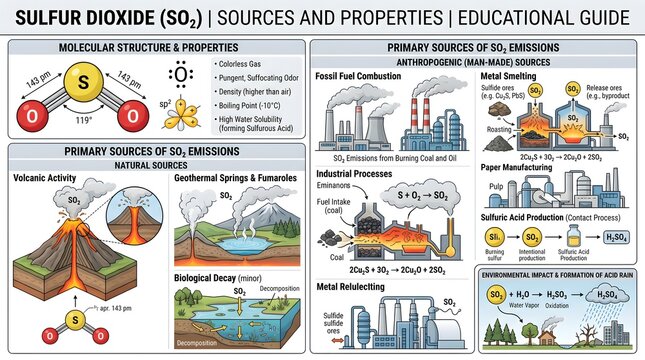 Educational guide to sulfur dioxide (SO₂) sources and properties, integrating molecular structure and key physical traits with primary natural emissions, anthropogenic smokestack outputs, and major en