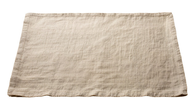 Natural beige linen placemat with frayed edges, isolated on transparent background