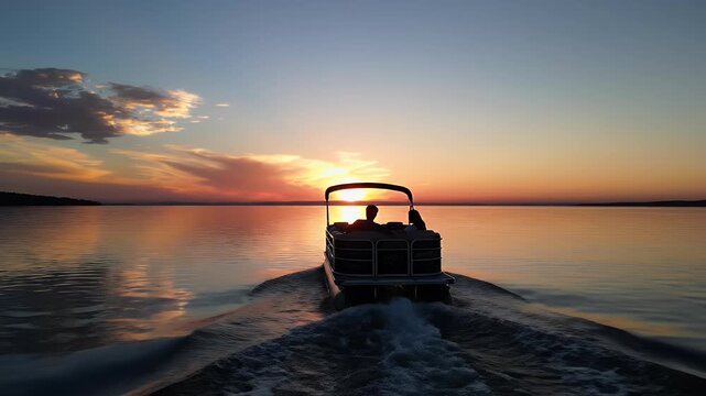 A pontoon boat cruises across a calm lake at sunset
