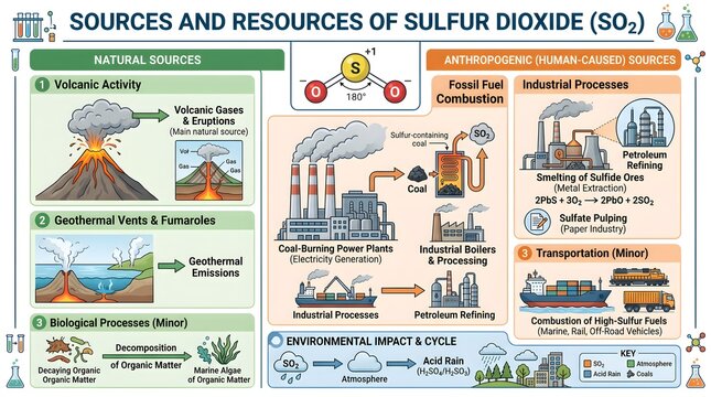Sources and resources of sulfur dioxide (SO₂) infographic mapping natural volcanic, geothermal and biological emissions alongside anthropogenic outputs from fossil fuel combustion, industrial processe
