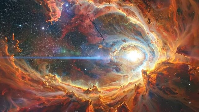 A vibrant nebula glows with intense light in deep outer space
