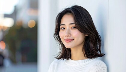 Fototapeta premium 清楚で可愛らしい日本人女性の美容ポートレート 白背景のナチュラルスキンケアイメージ