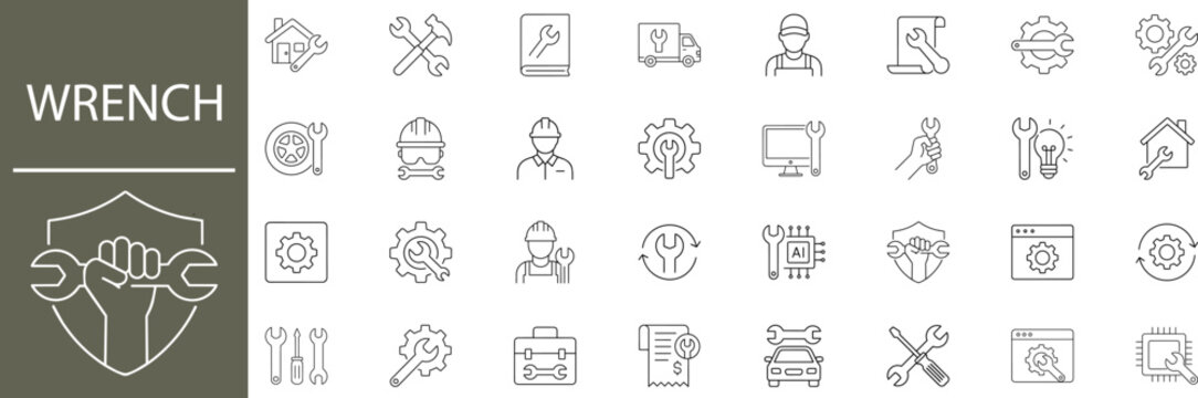 Set of wrench line  icons, including repair, maintenance, service, engineering, tools, technical support, and construction line symbols