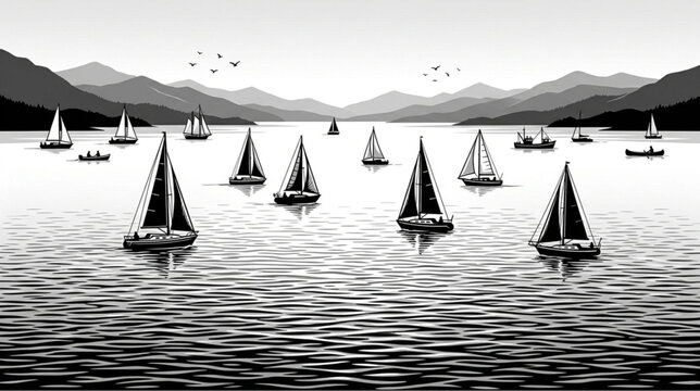 Sailing boats, sailboats on water, black and white illustration, nautical scene, vector graphics
