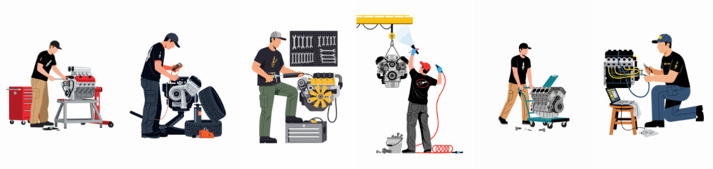 Naklejka premium Collection of professional mechanics performing various stages of car engine repair, maintenance, and diagnostics in an automotive workshop environment.