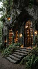 Fototapeta premium Mystical library cliff entrance, stone arch doorway, glowing book shelf, forest cave reading escape warm, magical fantasy hideaway feeling