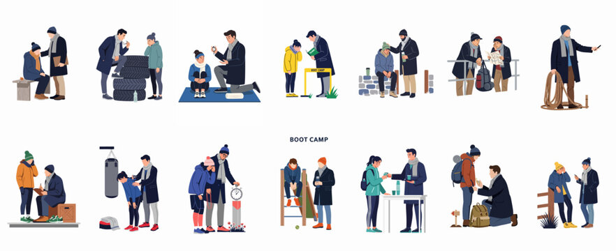 Collection of flat illustrations showing various outdoor boot camp and fitness training activities in cold winter weather with professional trainers and motivated participants.