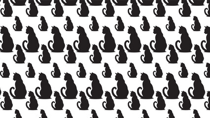 Repeating black cat silhouette pattern sitting upright facing left on white background geometric design illustration © Salma