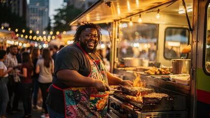 Fototapeta premium Smiling Black man chef grilling large cuts of meat on a vibrant food truck at a lively evening street food festival, surrounded by blurred city lights and happy customers.