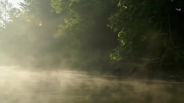 Ethereal mist rises from calm water, bathed in soft golden morning light